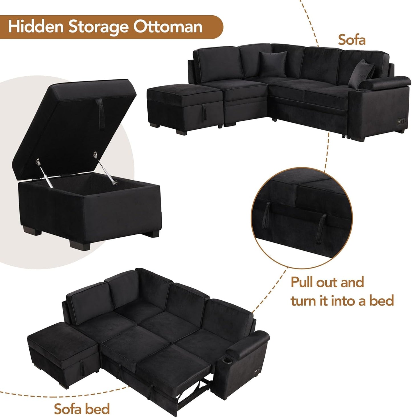 Ball & Cast 84" Convertible Sectional Sofa Bed,L-Shaped Sleeper Couch w/Storage Ottoman,Cup Holder and Charging Stations,Put Out Sofas w/Chaise,for Living Room and Small Apartment,Black