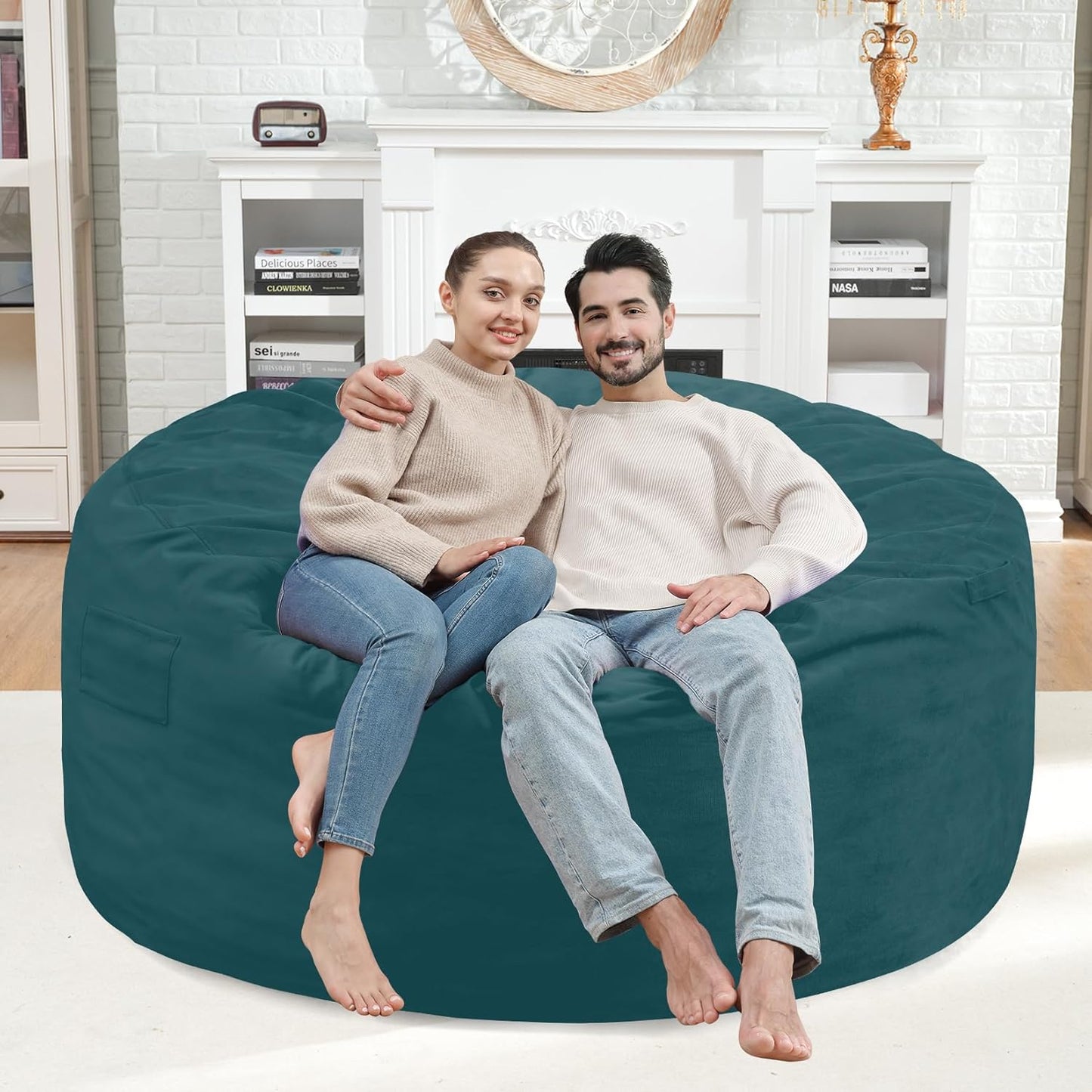 4FT Bean Bag Chair, Large Bean Bag Chairs with Memory Foam Filled, Fluffy Beanbag Sofa with Dutch Velvet Cover, Round BeanBag Chairs for Living Room, Playroom - Sea Blue