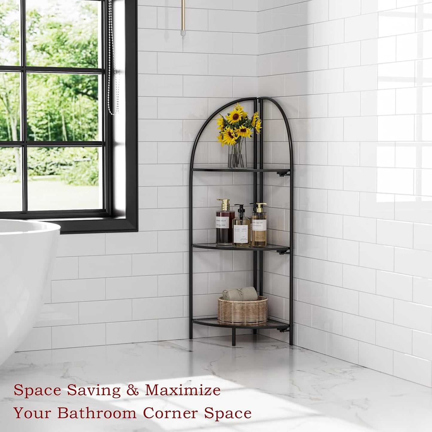 Crofy Foldable 3 Tier Corner Shelf, Metal Corner Plant Stand with Black Frame and Transparent Shelves, Corner Display Rack Multipurpose Shelving Unit for Living Room, Bedroom, Bathroom