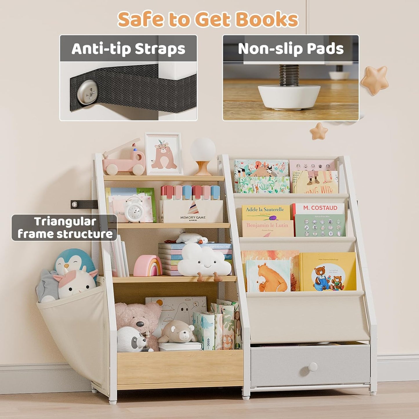 Kids Bookshelf and Toy Storage - Book Shelf for Kids Rooms, Toddler Bookshelf Baby Bookcase for Nursery, Montessori Toy Organizer, Burlywood