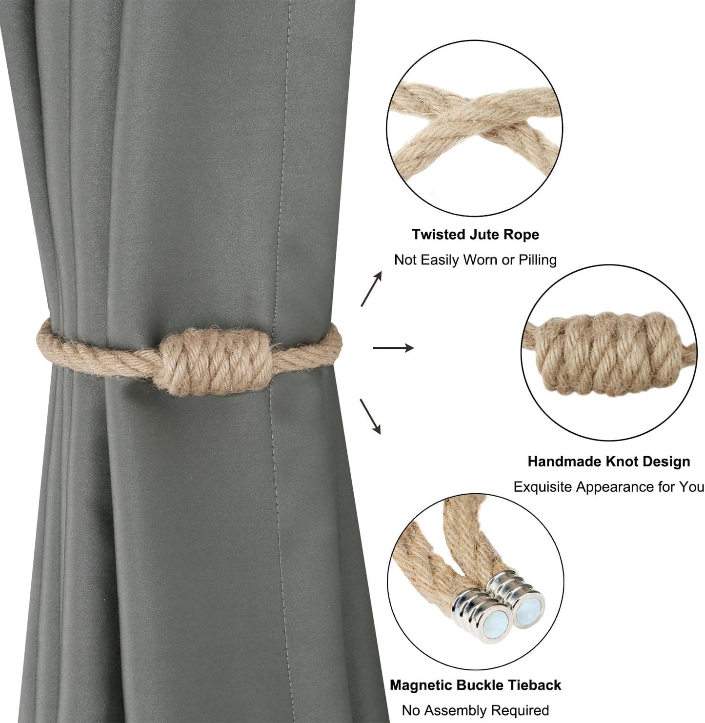 BEL AVENIR Magnetic Jute Curtain Tiebacks, Decorative Drapery Holdbacks Bohemian Style Woven Tie-Backs with Exquisite Knot (Jute, 4 Pack)