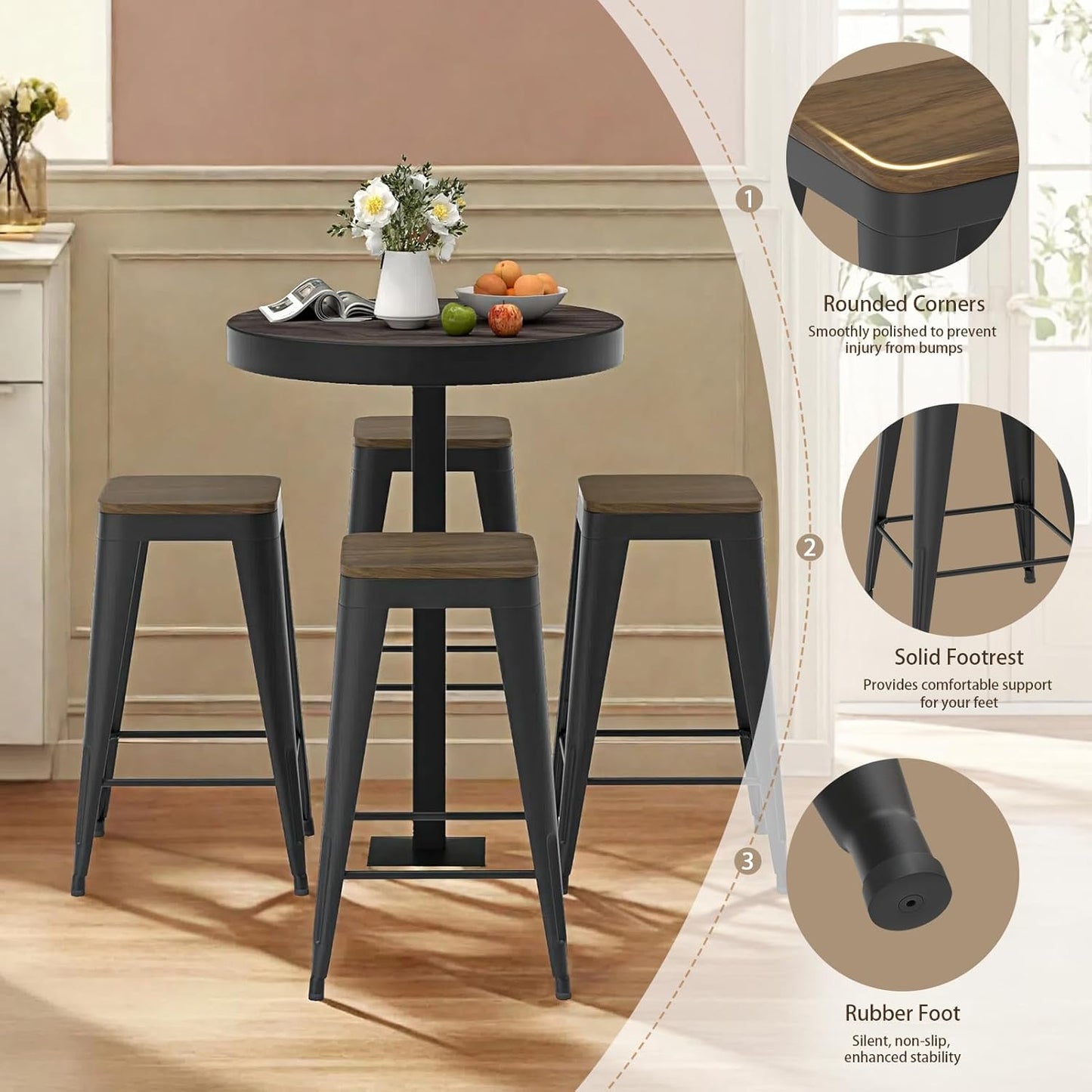 24 inch Backless Bar Stools Set of 4, Indoor Metal Bar Stools with Wood Seat, Industrial Counter Height Barstools for Kitchen Island, Black