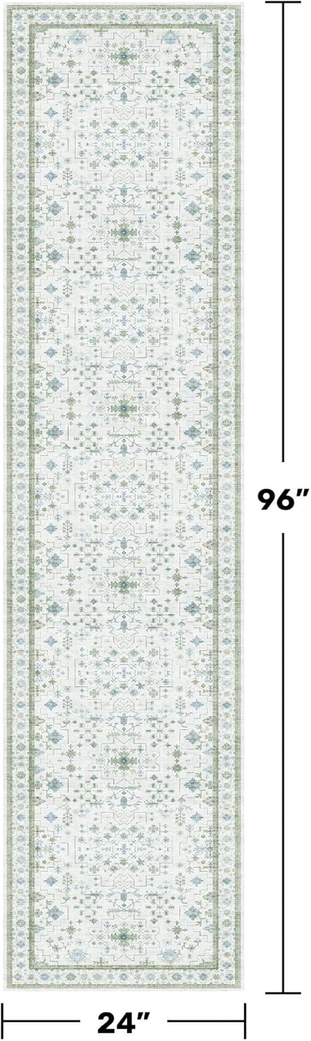 Oushak 2x8 Hallway Runner Rug - Vintage Turkish Floral, Washable Low Pile Non Slip 8ft Long Runners for Kitchen, Hall Way - Cream Blue and Green