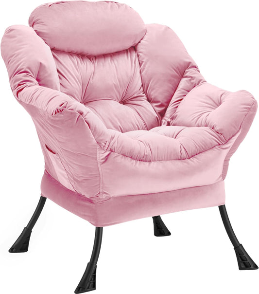 Lazy Chair Thick Padded, Comfy Velvet Accent Lounge Chair with Stable Frame, Leisure Sofa Armchair with Armrests and Side Pocket, Reading Chair for Bedroom, Living Room, Office, Pink