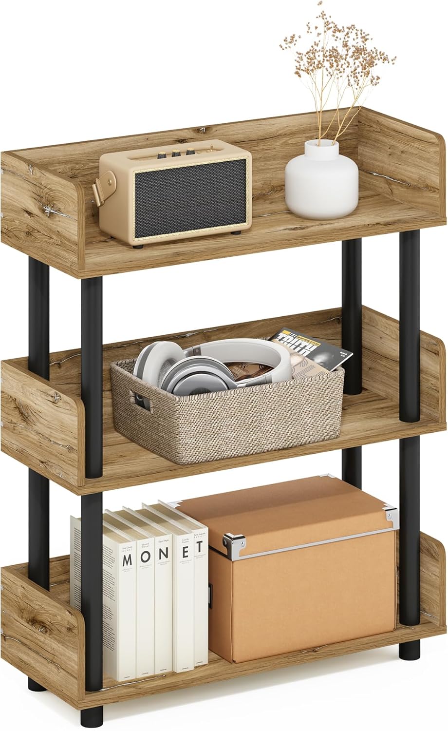 Furinno Turn-N-Tube 3-Tier Multipurposes Display Rack, Open Shelf Rack/Storage with Back & Side Panel, Flagstaff Oak/Black