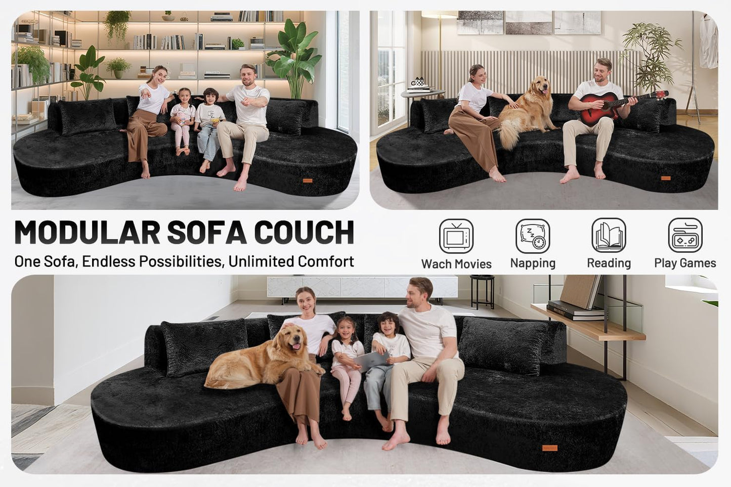 Homguava 130'' Modular Sectional Sofa,Curved Modern Sofa with Memory Foam,Deep Seat Cloud Couch with 4 Pillows,Upholstered Oversized Couches for Living Room Apartment Office,No Assembly Required-Black
