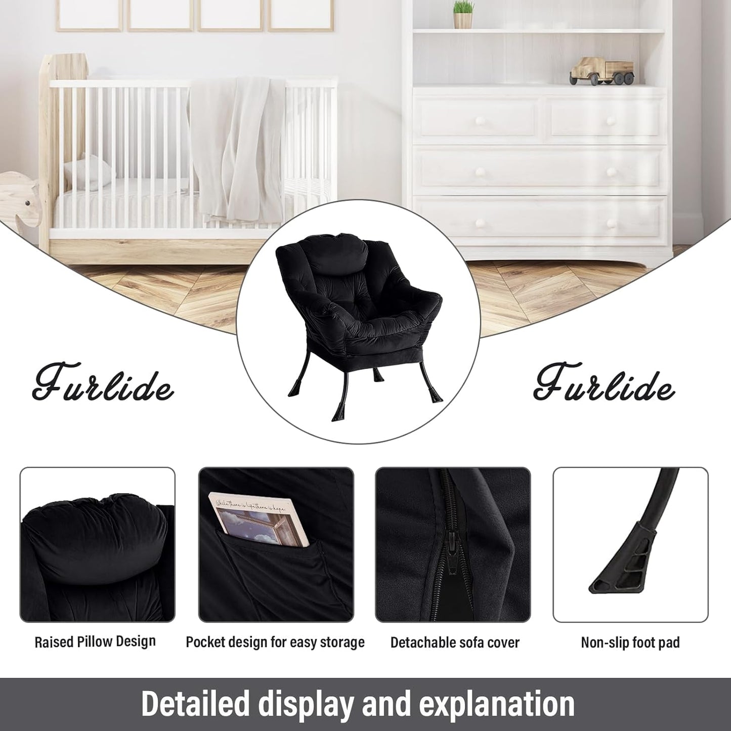 Lazy Chair with Ottoman, Modern Chair with Folding Footrest, Lounge Accent Chair, Comfortable Reading Chair, Oversized Armchairs for Bedroom, Study, Living Room, Courtyard (Velvet Black)