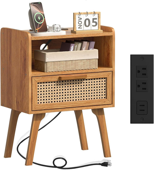 Lerliuo Rattan Nightstand with Charging Station, Side Table with Drawer, Cane Accent Bedside End Table with Solid Wood Legs, Night Stand for Bedroom, Dorm and Small Spaces (Tea Brown)