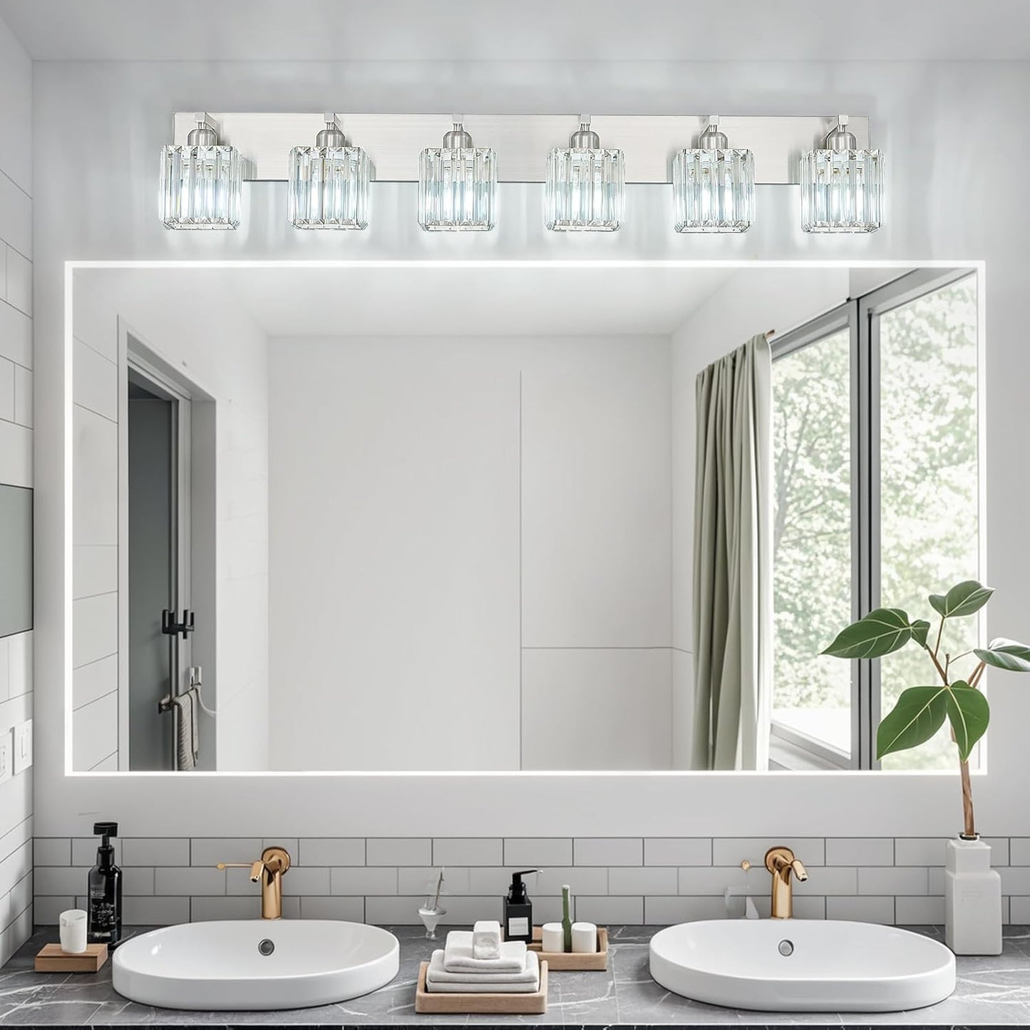 Modern Vanity Light 6-Lights Brushed Nickel Vanity Light Crystal Bathroom Wall Light Bathroom Light Fixtures