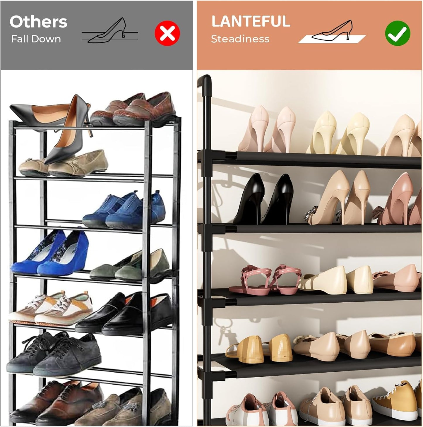 Tall Shoe Rack 10 Tier Shoe Organizer Large Shoe Shelf with 18 Hooks Storage for 50 Pair Sneaker and Boot, Stackable Vertical Shoe Rack Organizer for Closet, Entryway, Bedroom