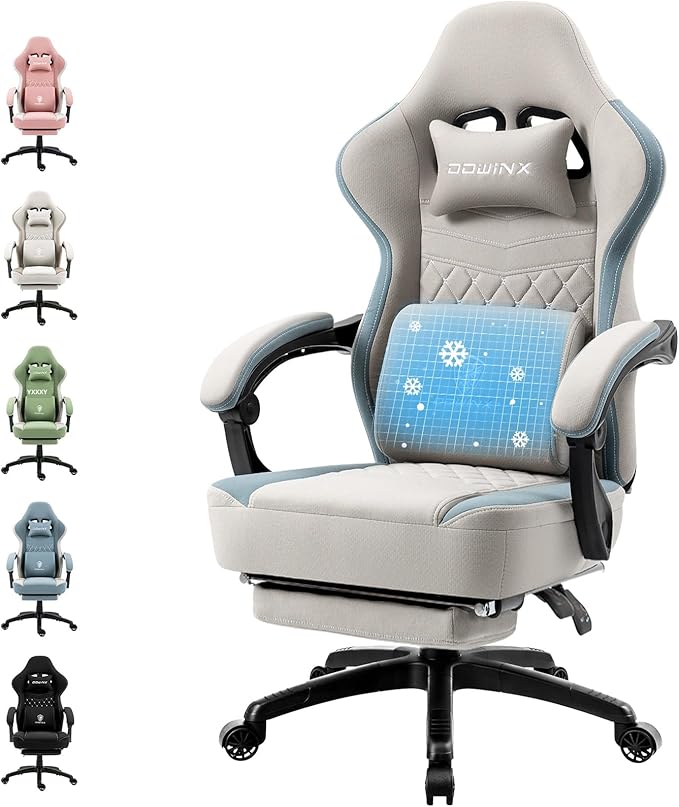 Dowinx Gaming Chair Breathable Fabric Game Chair with Gel Pad and Storage Bag, Comfortable Gamer Chair with Pocket Spring Cushion,Ergonomic Computer Chair with Footrest,Grey