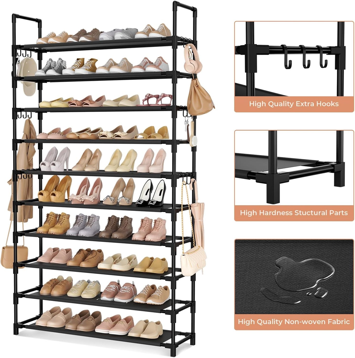 Tall Shoe Rack 10 Tier Shoe Organizer Large Shoe Shelf with 18 Hooks Storage for 50 Pair Sneaker and Boot, Stackable Vertical Shoe Rack Organizer for Closet, Entryway, Bedroom