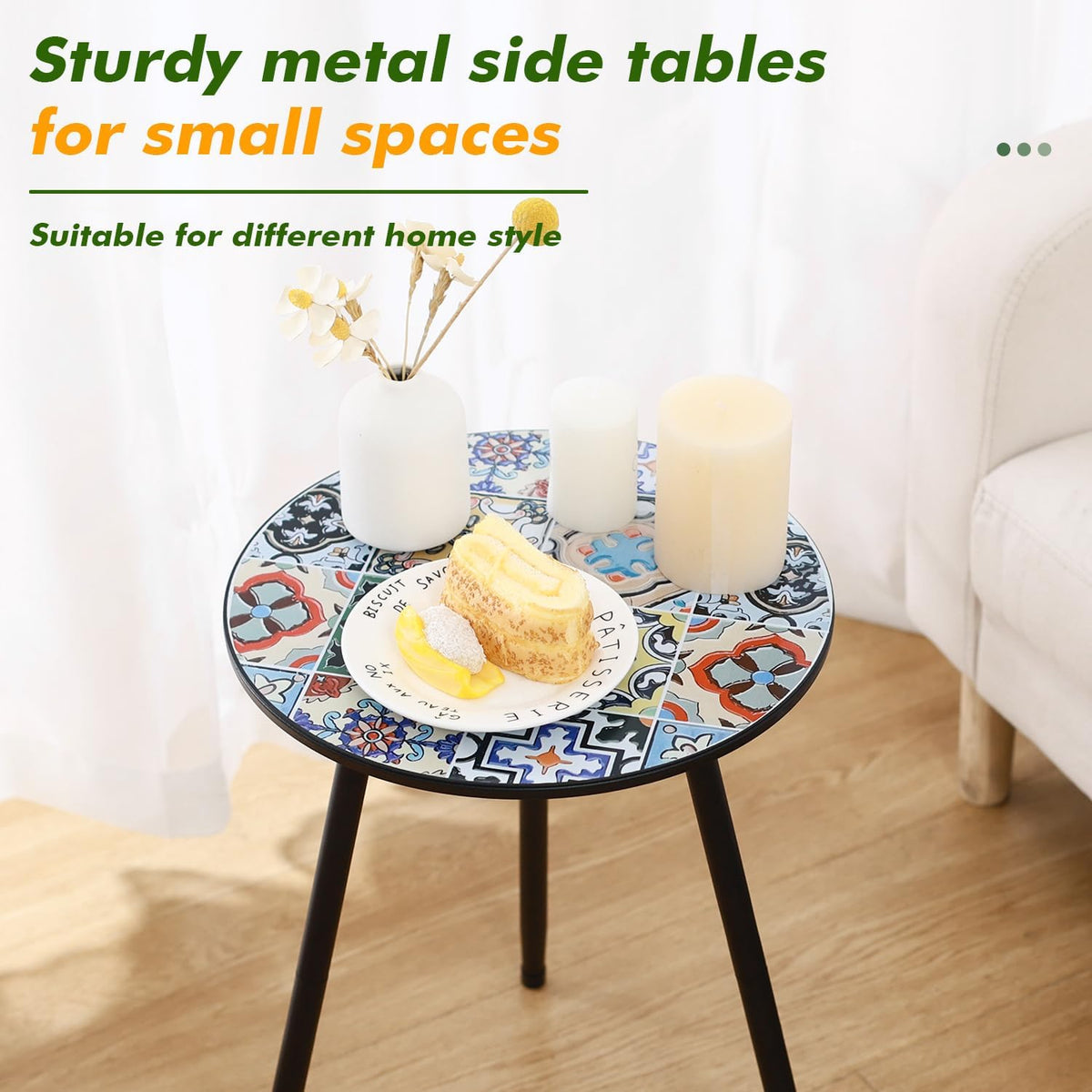 2 Packs Metal Mosaic Round Side Tables 13.4" Small Outdoor Patio Round Accent Coffee Tables Indoor Corner Stand for Small Spaces Weather-Resistant for Balcony, Porch Plant Stands Indoor, Mixed Mosaic
