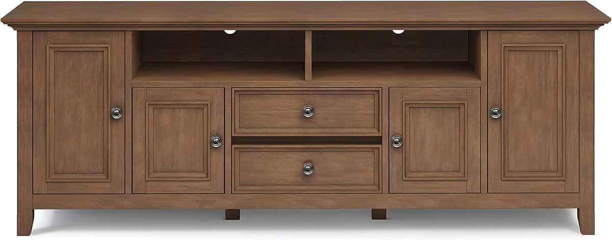 SIMPLIHOME Amherst 72-inch Wide Solid Wood TV Stand in Rustic Natural Aged Brown, Transitional-Style Media Console for Living Room with Cable Management and Adjustable Shelves, Fits 80" TVs