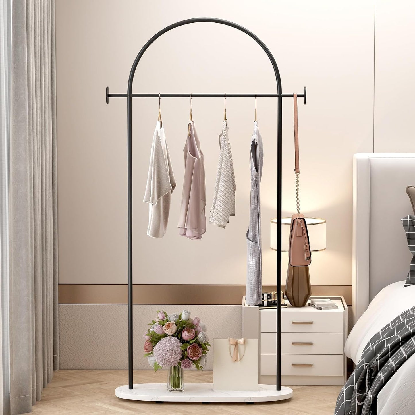 Black Clothing Rack, Modern Clothes Rack with Shelf, Heavy Duty Freestanding Coat Rack, Metal Coat Hanger Stand with Hooks for Boutique Office
