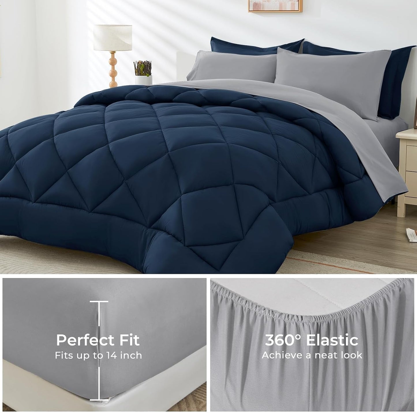 HEVUMYI Twin-XL Comforter Set - 5-Piece All Season Bed in a Bag Twin-XL, Ultra Soft Bedding Set with Comforter, Flat Sheet, Fitted Sheet, Pillowcases, Pillow Shams, Navy Blue & Light Grey