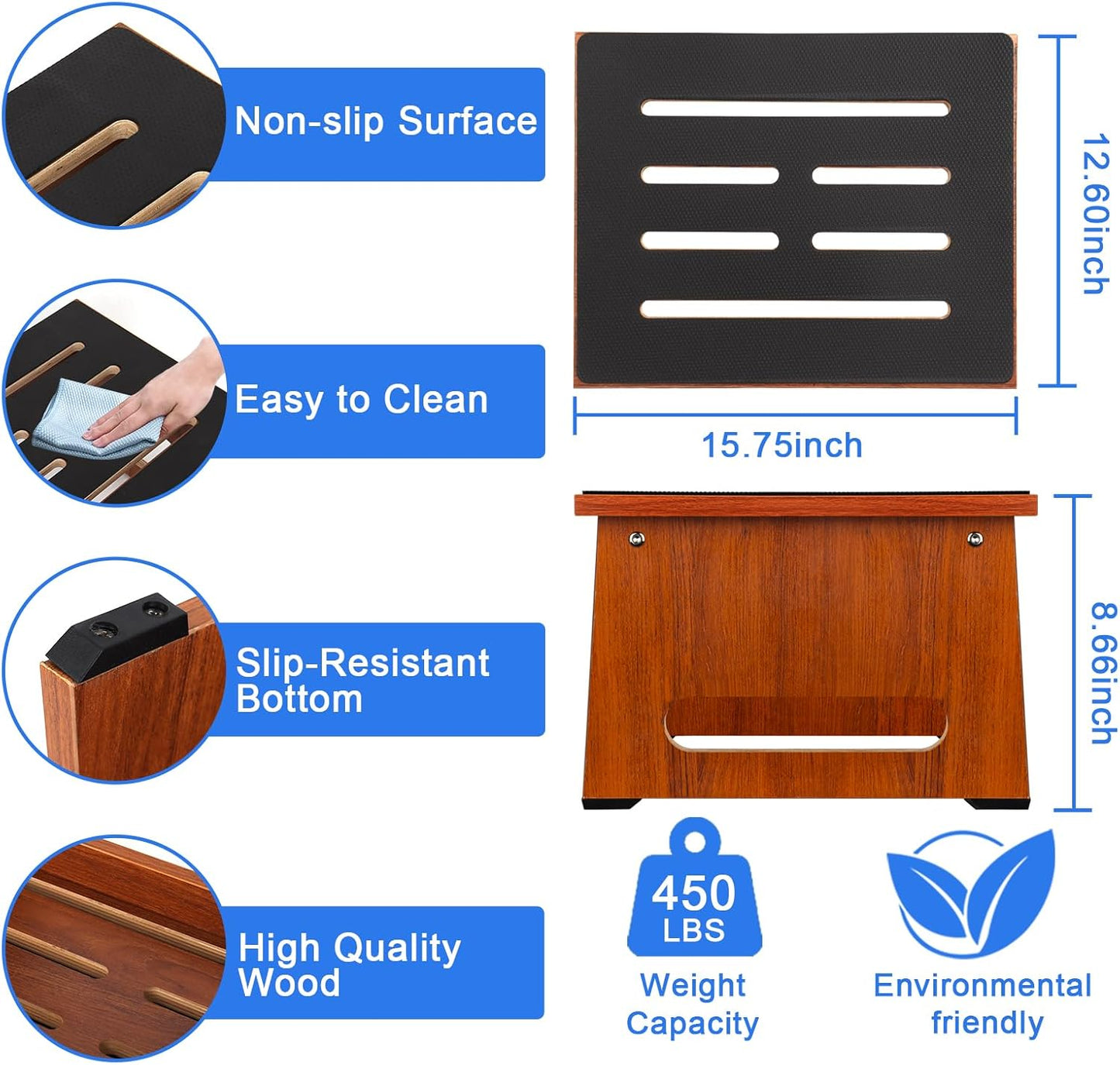 One Step Stool for Adults Seniors with Non-Slip Rubber Stepping Feet, Heavy Duty Wooden Step Stool, 8.7 in Portable Bed Steps for High Beds for Bathroom, Bedroom, Kitchen & Bedside Kids Support