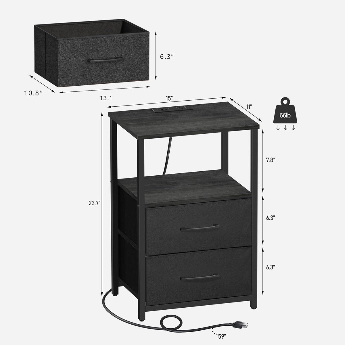 TUTOTAK End Table with Charging Station, Night Stand, Side Table with 2 USB Ports and Outlets, Nightstand with Cloth Drawer, Bedside Table for Livingroom, Bedroom Charcoal Grey TB01BY088
