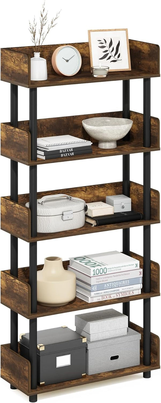 Furinno Turn-N-Tube 5-Tier Multipurposes Display Rack, Open Shelf Rack/Storage with Back & Side Panel, Amber Pine/Black