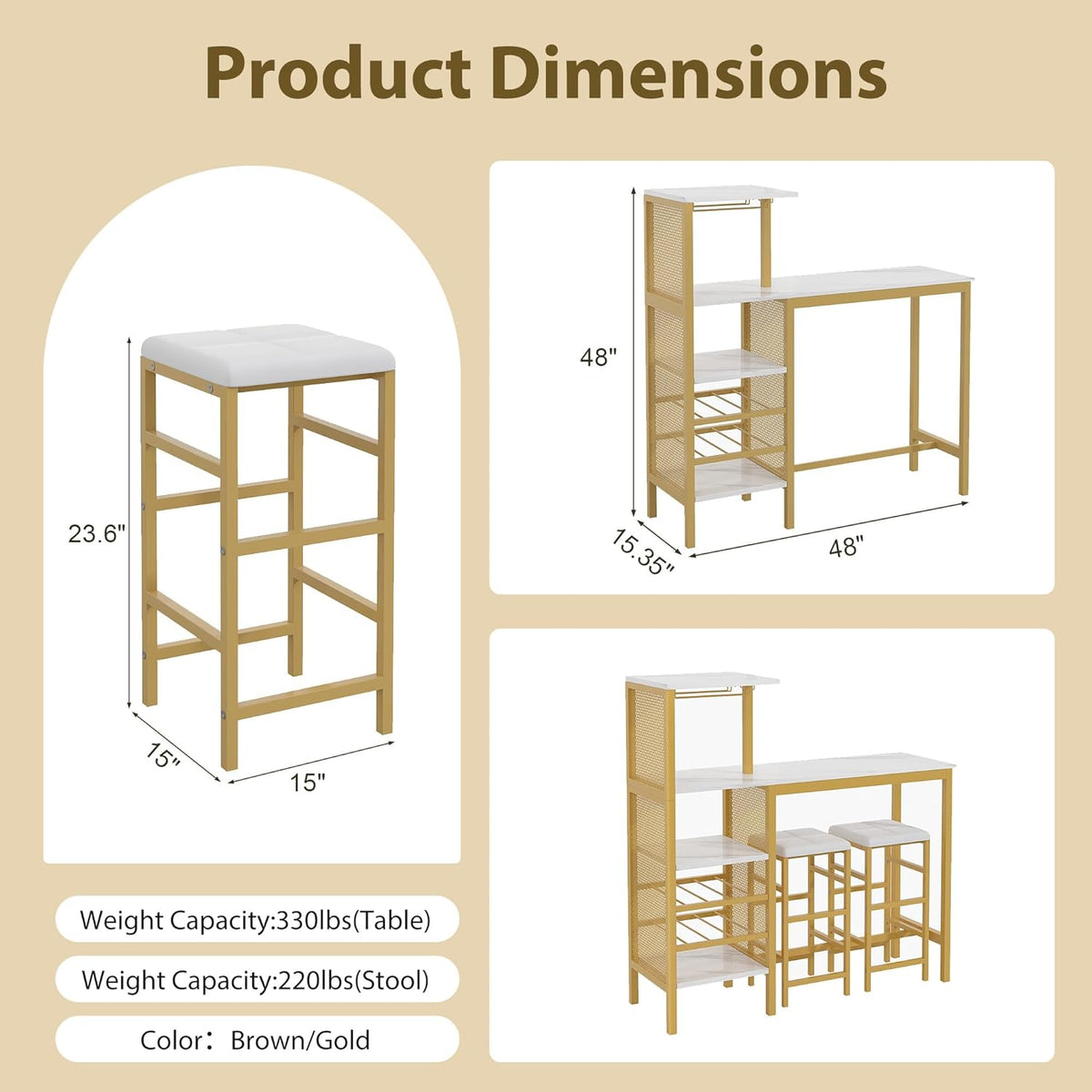 VECELO Bar Table and Chairs Set for 2, 3-Piece Dining Set with Storage Shelves, Cup Holder & Wine Rack, PU Leather Cushion Stools, for Kitchen Small Space, Gold