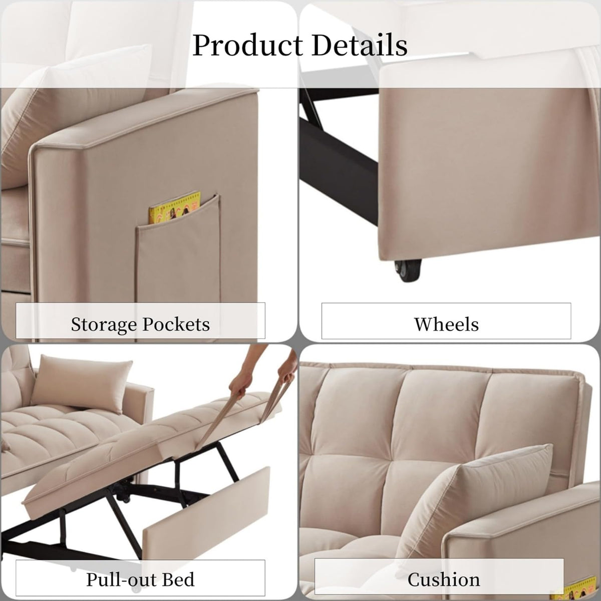 KEIKI Velvet Loveseat Convertible Sofa Bed Sleeper Chair with Adjustable Backrest, Pillows & Storage Pockets, 3 in 1 Pull-Out Couch Chaise Lounge Recliner for Living Room Balcony Bedroom, Taupe