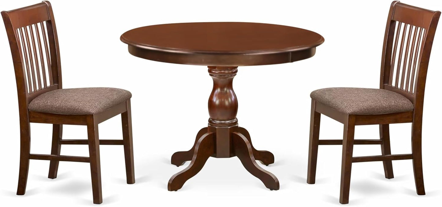 East West Furniture HBNF3-MAH-C 3 Piece Dining Room Table Set Contains a Round Kitchen Table with Pedestal and 2 Linen Fabric Upholstered Dining Chairs, 42x42 Inch, Mahogany