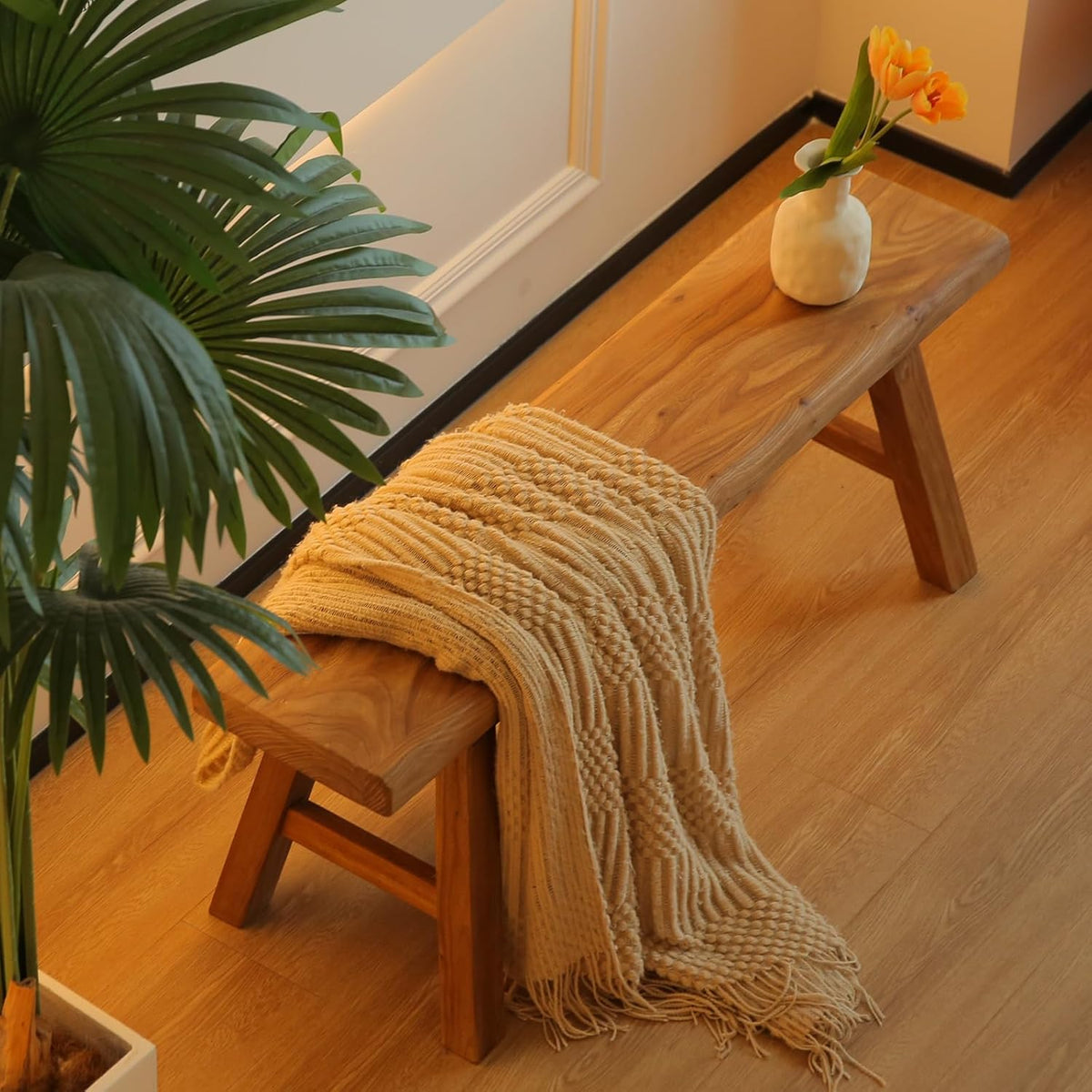 47.2in Wood Bench Indoor – Rustic Farmhouse Entryway Bench, Skinny Bench Design, Made of Extra-Thick Solid Wood, Perfect for Dining Room, Hallway, or End of Bed