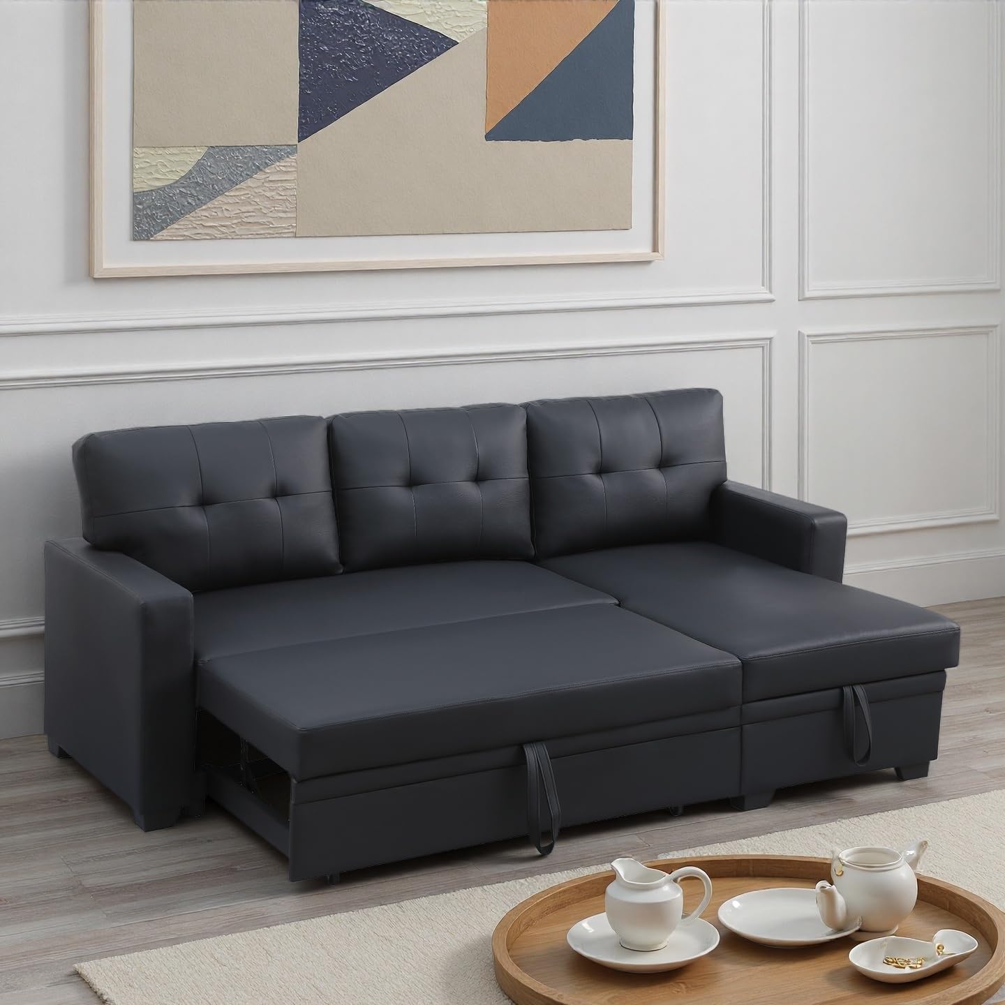 L-Shape Sofa Bed, 82" Sectional Couch with Storage Chaise, Pull Out Sleeper Sofa with Removable Back Cushions, Convertible Corner Couch for Living Room Apartment, Black