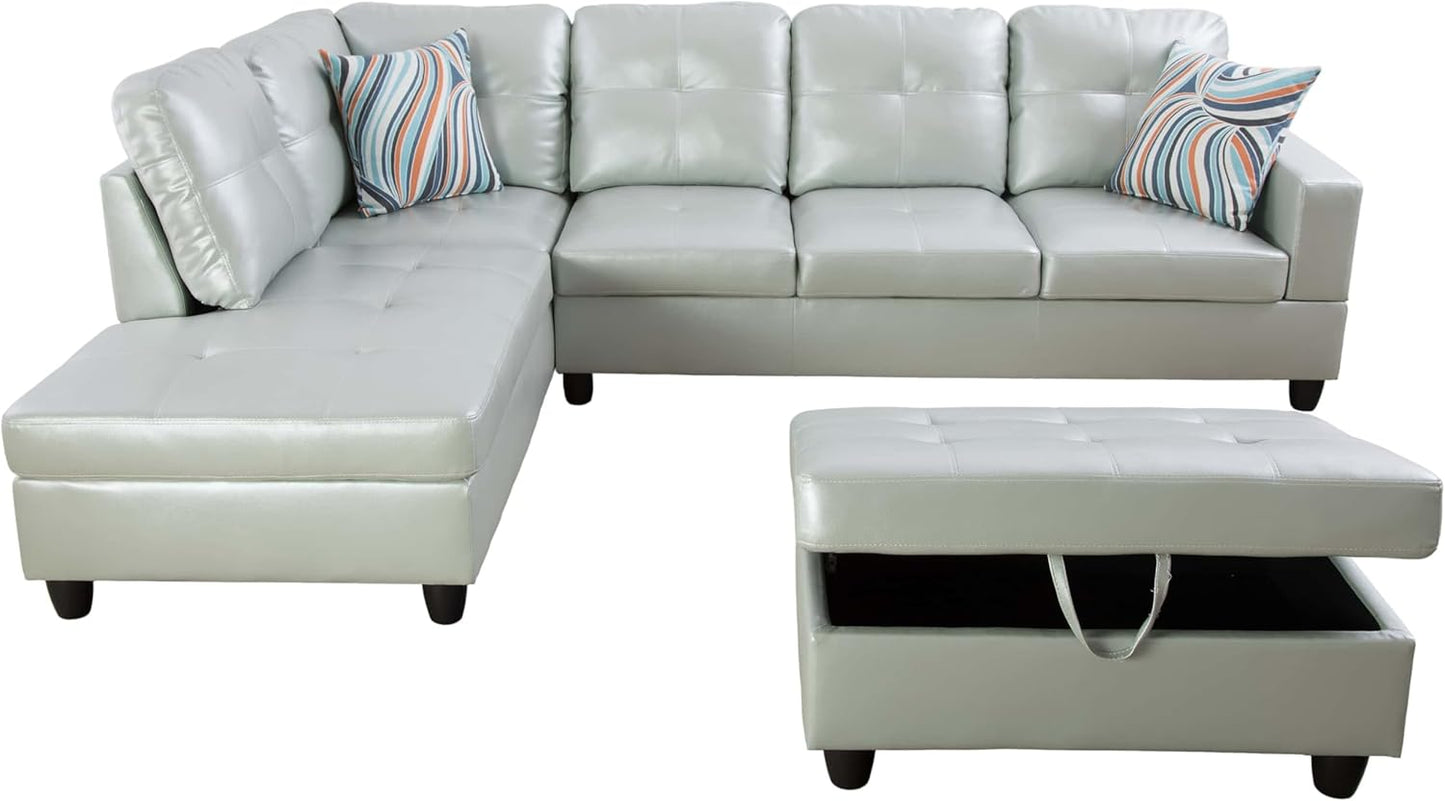 NicBex Sectional Couch 3 Pieces Sofa Set with Right Chaise PU Synthetic Leather L Shaped Cloud Couch for Living Room Furniture Sets with Storage Ottoman, Modular Sofa for Apartment, Silver Green