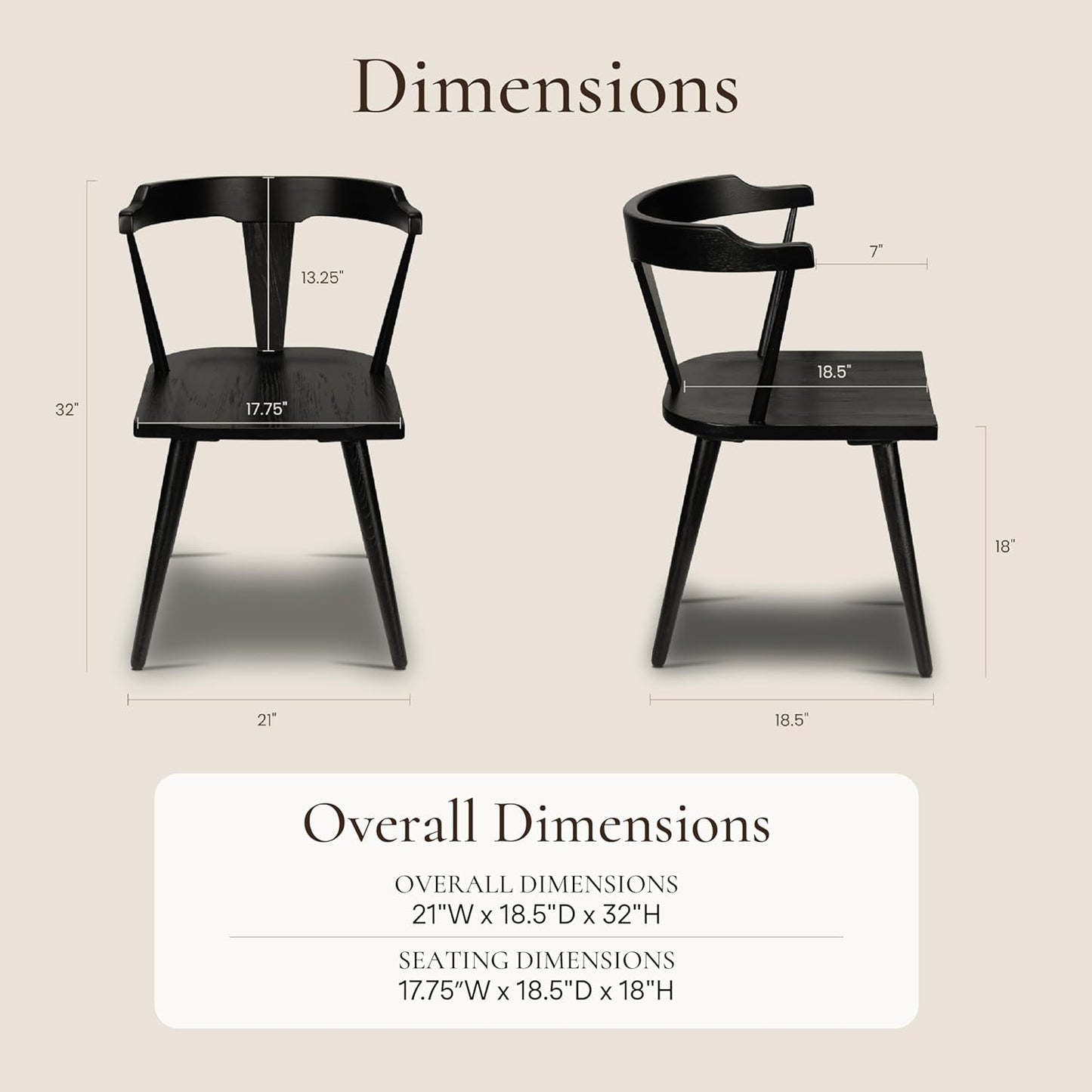 POLY & BARK Mid Century Modern Enzo Black Dining Chair – Solid Oak Wood Splat Back Chair, 18" Seat Height, 32" Tall – Stylish MCM Kitchen & Dining Room Chair - Set of 2
