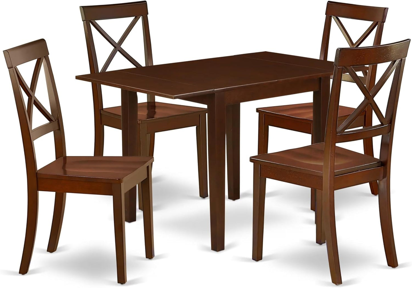 East West Furniture NDBO5-MAH-W 5 Piece Dining Room Furniture Set Includes a Rectangle Dining Table with Dropleaf and 4 Wood Seat Chairs, 30x48 Inch, Mahogany