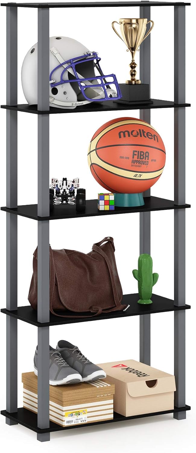 Furinno Turn-N-Tube 5-Tier Multipurpose Shelf / Display Rack / Storage Shelf / Bookshelf, Square Tubes, Black/Grey