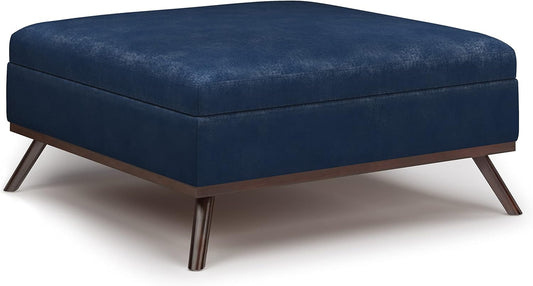 SIMPLIHOME Owen 36 inch Wide Mid Century Modern Square Coffee Table Storage Ottoman in Distressed Dark Blue Vegan Faux Leather, Assembled, for the Living Room, Entryway and Family Room