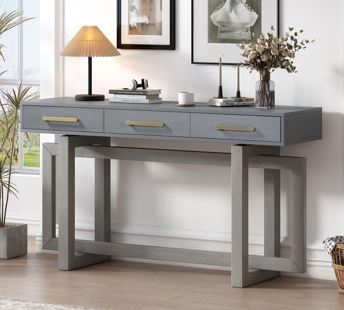 57” Entryway Console Sofa Table with Storage Drawers, Long Narrow Behind Couch Furniture for Living Room, Entrance, Hallway, Front Door, Antique Gray