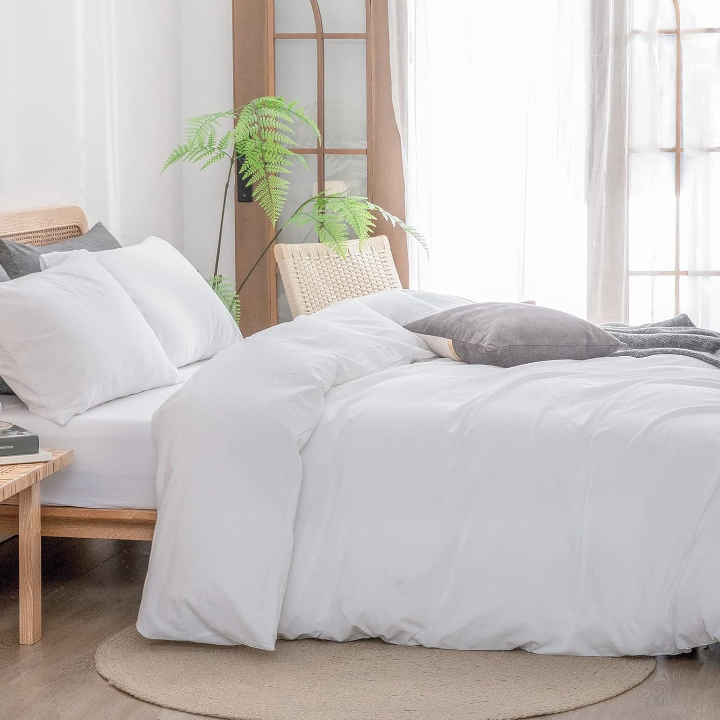 BESTOUCH Duvet Cover Set 100% Washed Cotton Linen Feel Super Soft Comfortable Chic Lightweight 2 PCs Home Bedding Set Solid Bright White Twin/Twin XL