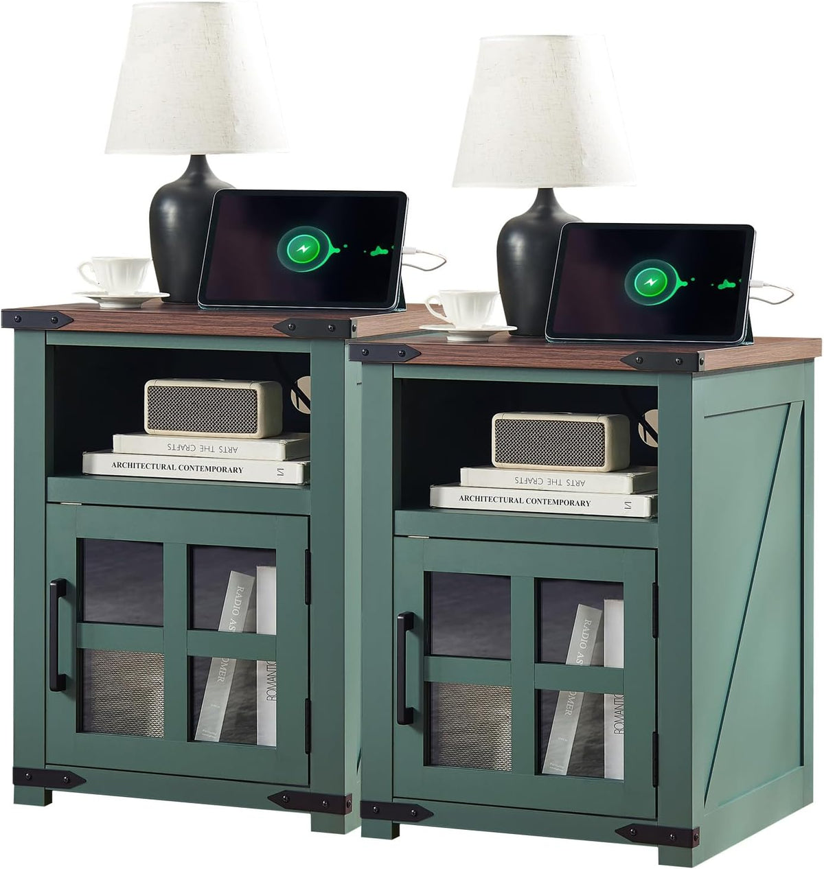 Farmhouse Nightstand with Charging Station, Rustic End Table with Tempered Glass Barn Door, Wood Sofa Side Bedside Table with Open Storage Shelf for Living Room, Bedroom, Green, 2 Pack
