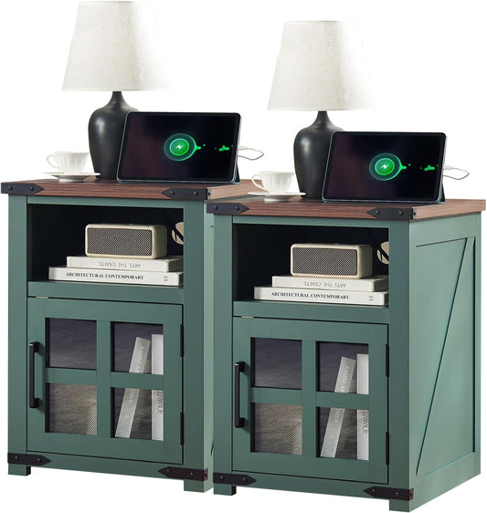 Farmhouse Nightstand with Charging Station, Rustic End Table with Tempered Glass Barn Door, Wood Sofa Side Bedside Table with Open Storage Shelf for Living Room, Bedroom, Green, 2 Pack