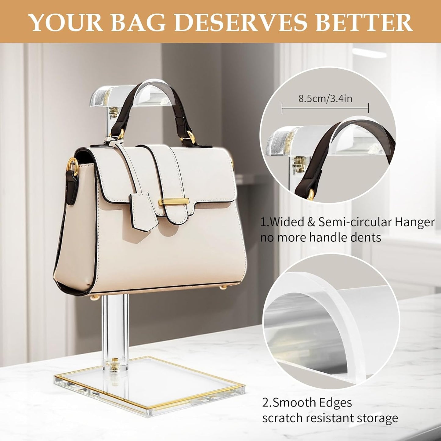 2Pcs Adjustable Purse Display Stands, Height 10"-16"+14"-24", Acrylic Handbag Stands for Display, Clear Holder for Purse Evening Bag Clutch, Bag Table Rack, Purses Hanging Organizer for Closet Retail Vendor