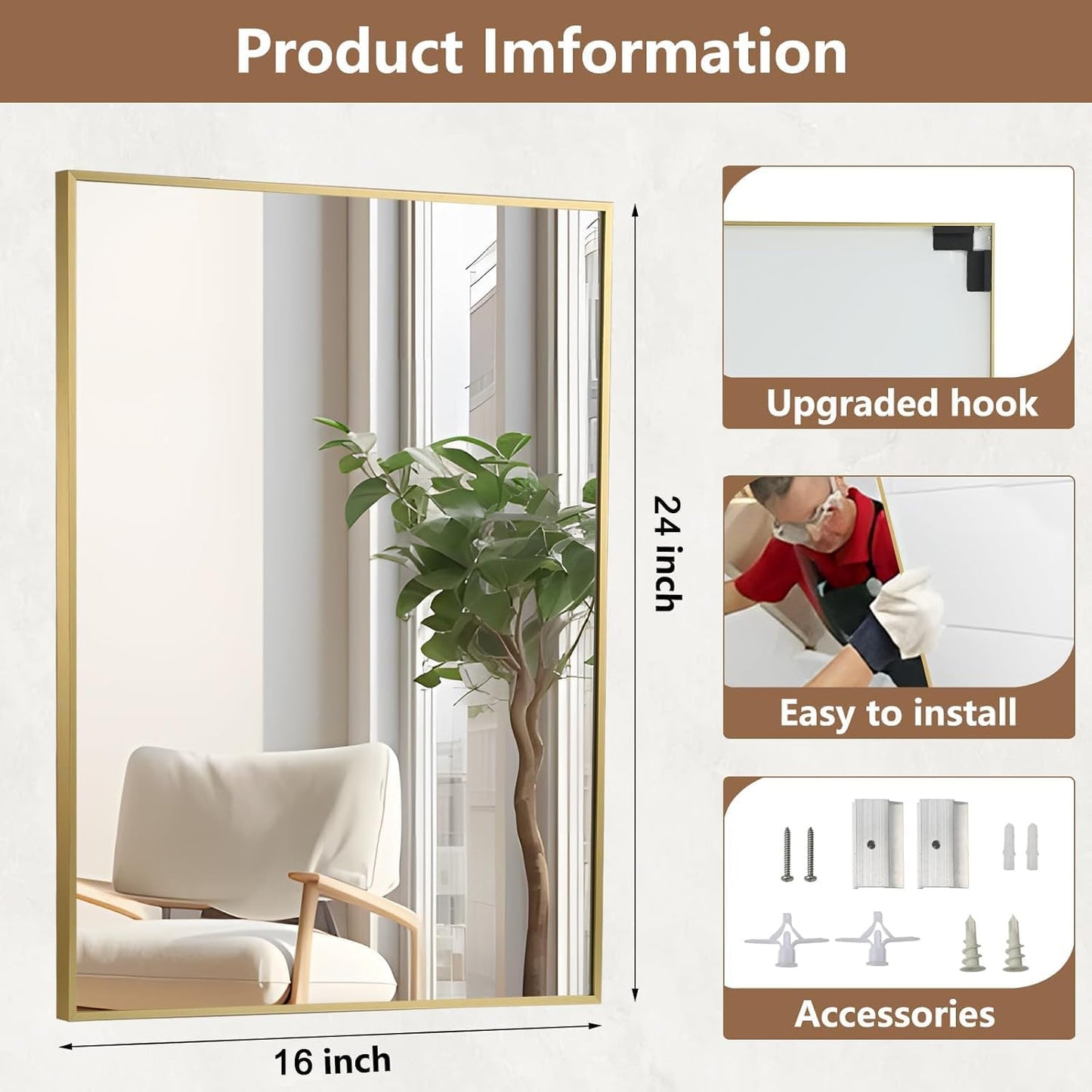Gold Bathroom Mirror, 16"x24" Rectangle Mirror, Brushed Gold Mirror, Metal Frame Square Corner Vanity Mirror, Wall Mounted Mirror for Modern, Living Room, Bedroom, Horizontal Or Vertical