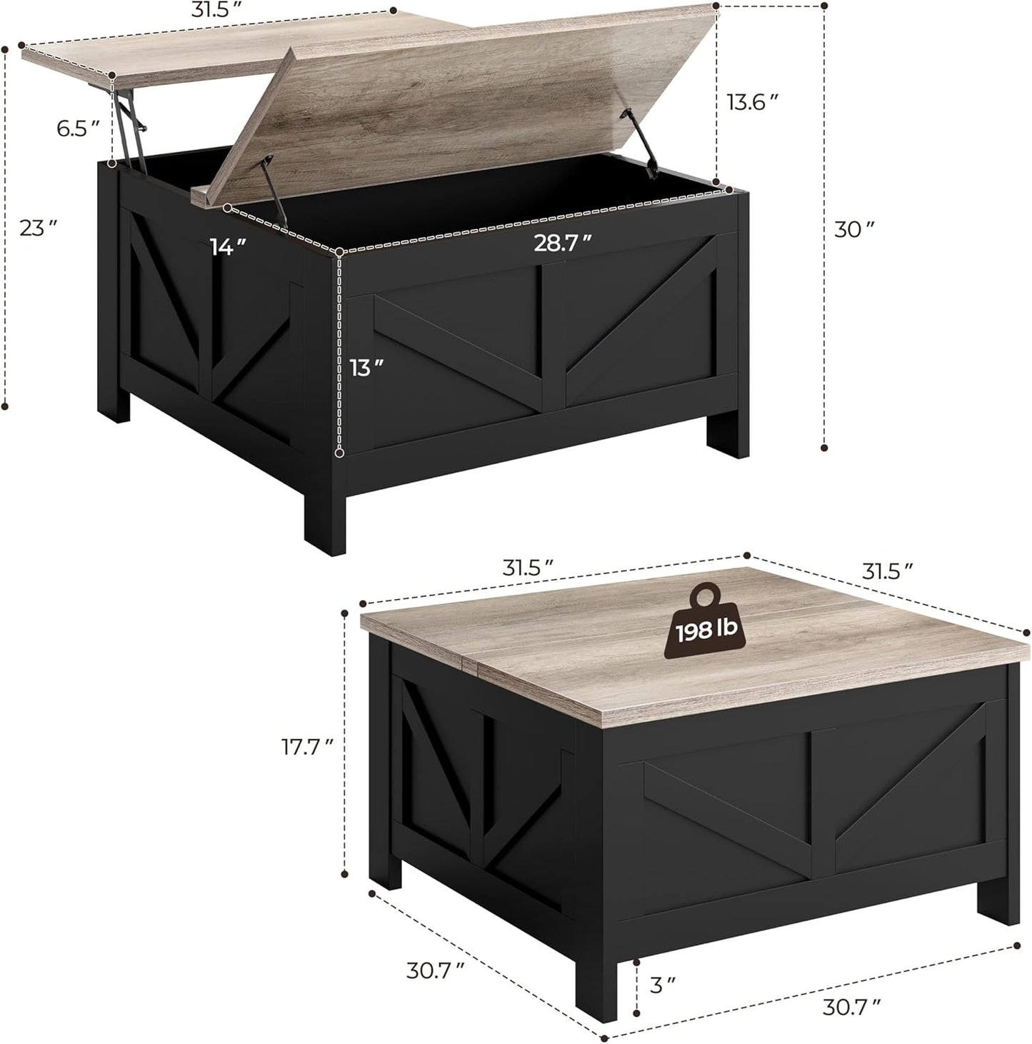 Yaheetech Lift Top Coffee Table with Storage, Square Coffee Table for Living Room, 31.5 Inches Center Tables with Large Hidden Storage Compartment for Home Office, Black&Gray