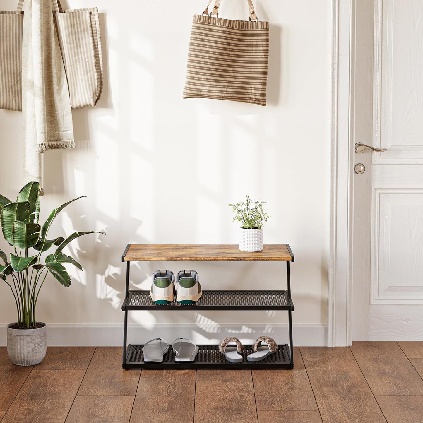 Z-Frame Shoe Rack with Wooden Top & Metal Mesh Shelves - Space-Saving Storage for Hallway, Living Room, Closet & Bedroom (24.41" x 11.02" x 16.14")