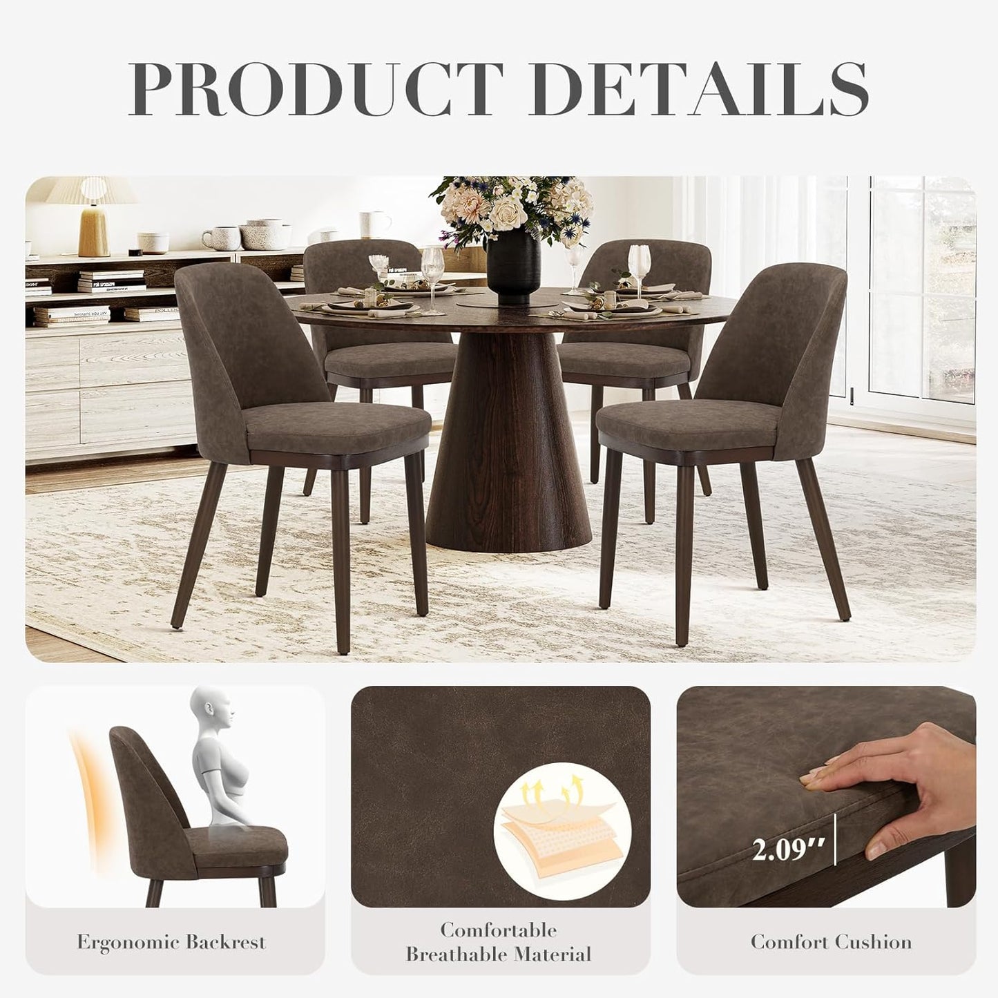 COLAMY Upholstered Dining Chairs Set of 4, Modern Kitchen Chairs with Back, Leather Side Dining Room Chairs with Wood Legs for Kitchen Dining Room Restaurant, Dark Brown