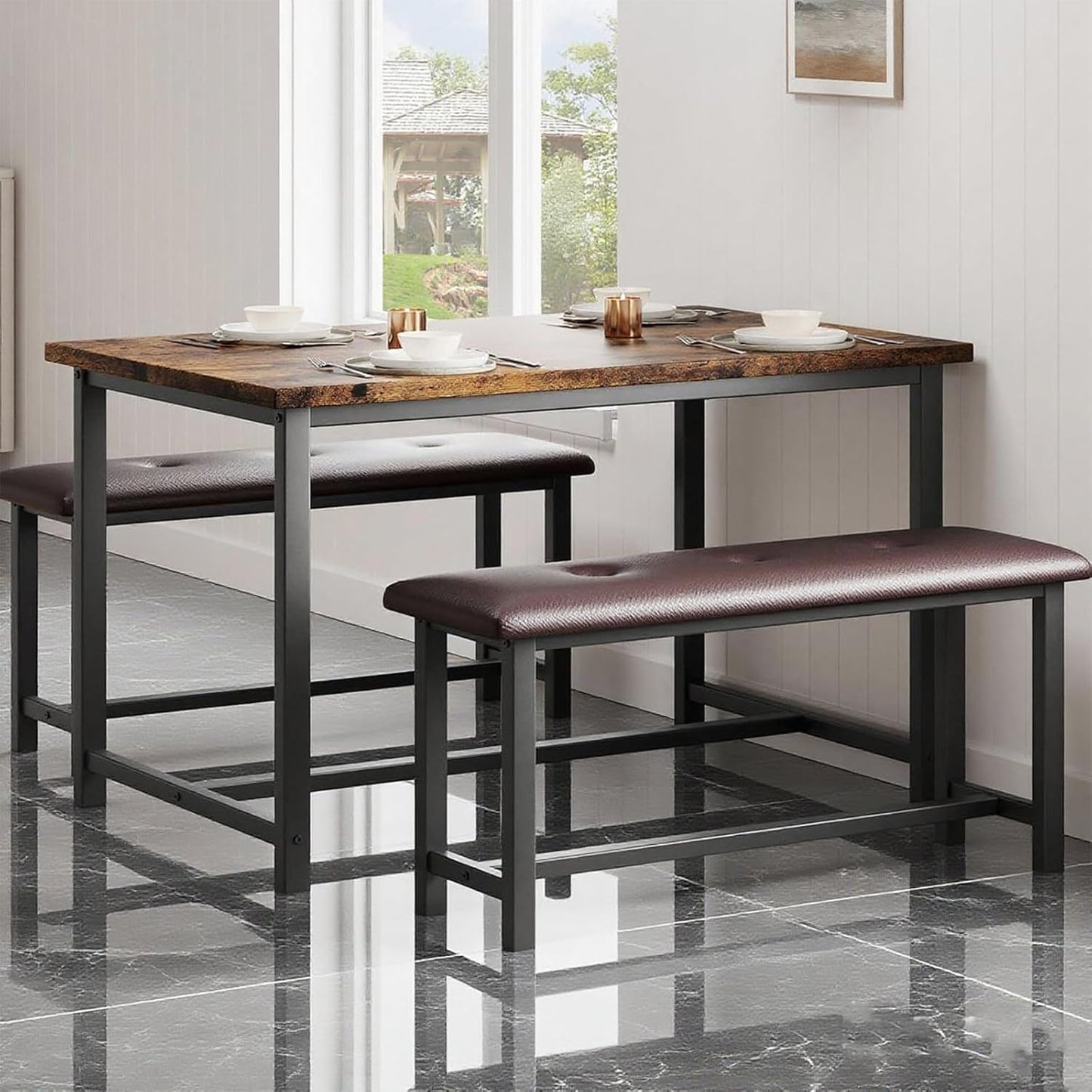 Garvee Dining Table with 2 Benches, Kitchen Table with 2 Upholstered Benches Rectangular Space Saving for Apartment, Dining Room, Kitchen, 44.5 Inches Large, Rustic Brown