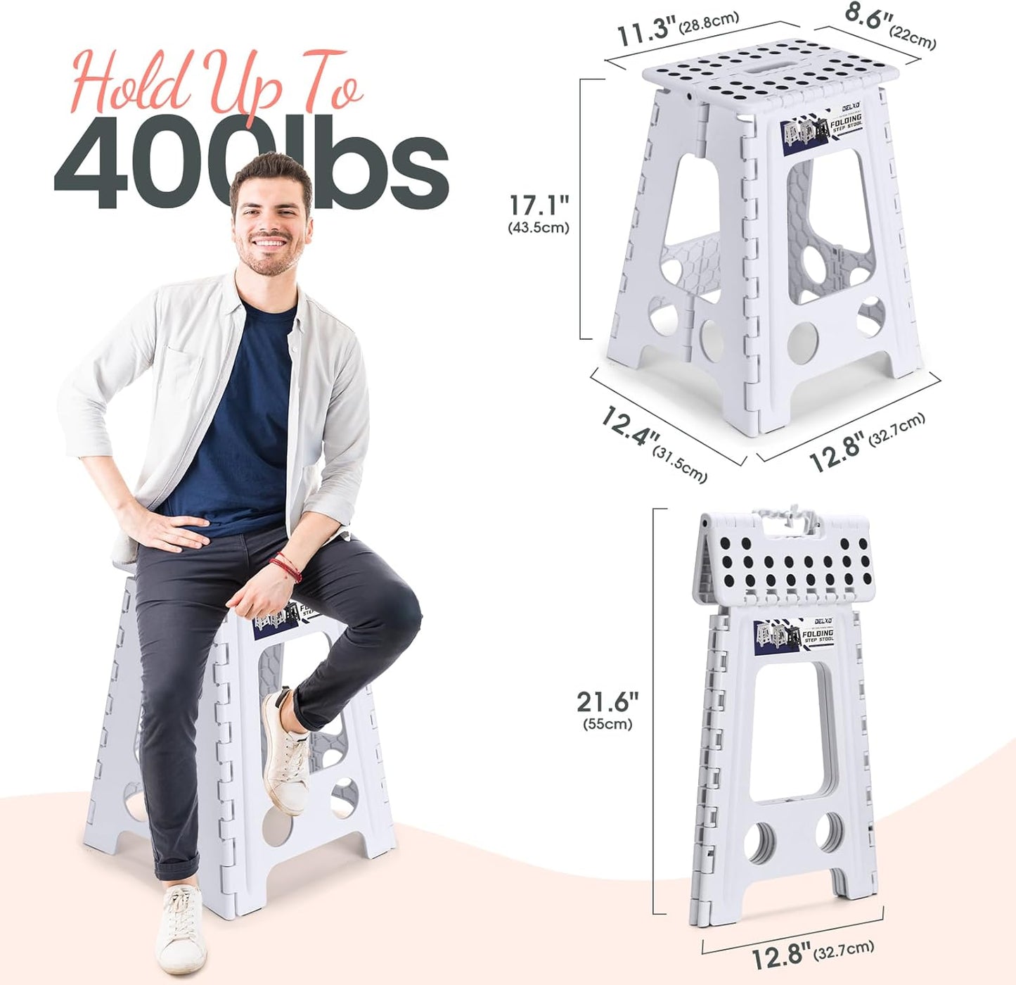 Delxo Folding Step Stool 17.5 Inch White Step Stools Foldable,Portable Collapsible Step Stool with Handle, Folding Stool for Kitchen Bathroom,Bedroom,Garden