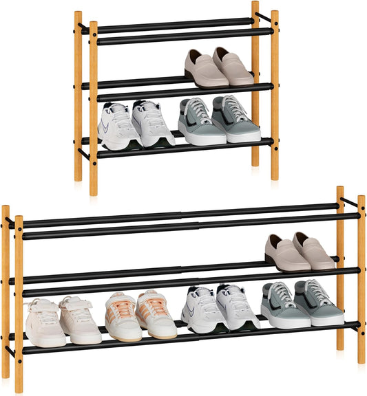 STORAGE MANIAC Expandable Shoe Rack, 16 Pairs Stackable Small Shoe Rack, Metal Adjustable Shoes Organizer for Closet, Entryway, Hallway, Garage, Front Door, Shoes Shelves, Bamboo 4 Tier