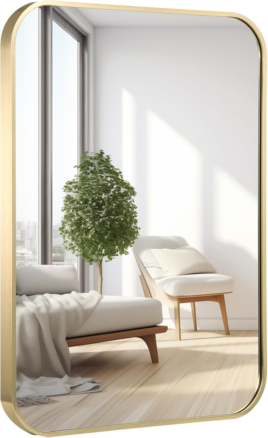 16x20 Inch Bathroom Mirror for Wall,Gold Framed Rectangle Mirror with Rounded Corner,Aluminum Alloy Framed Brushed Wall Mirror for Bedroom or Living Room,Vertical or Horizontal