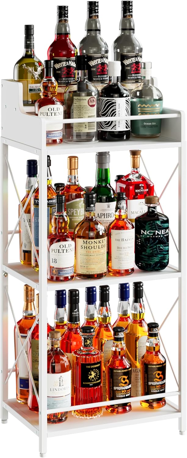 KLM Liquor Bottle Display Shelf, Liquor Cabinet bar for Home, 4 Step Liquor cabinetck, Mini bar,Liquor Cabinet, Home Retro Bar Shelf Stand for Liquor Whiskey, Spirits (White)