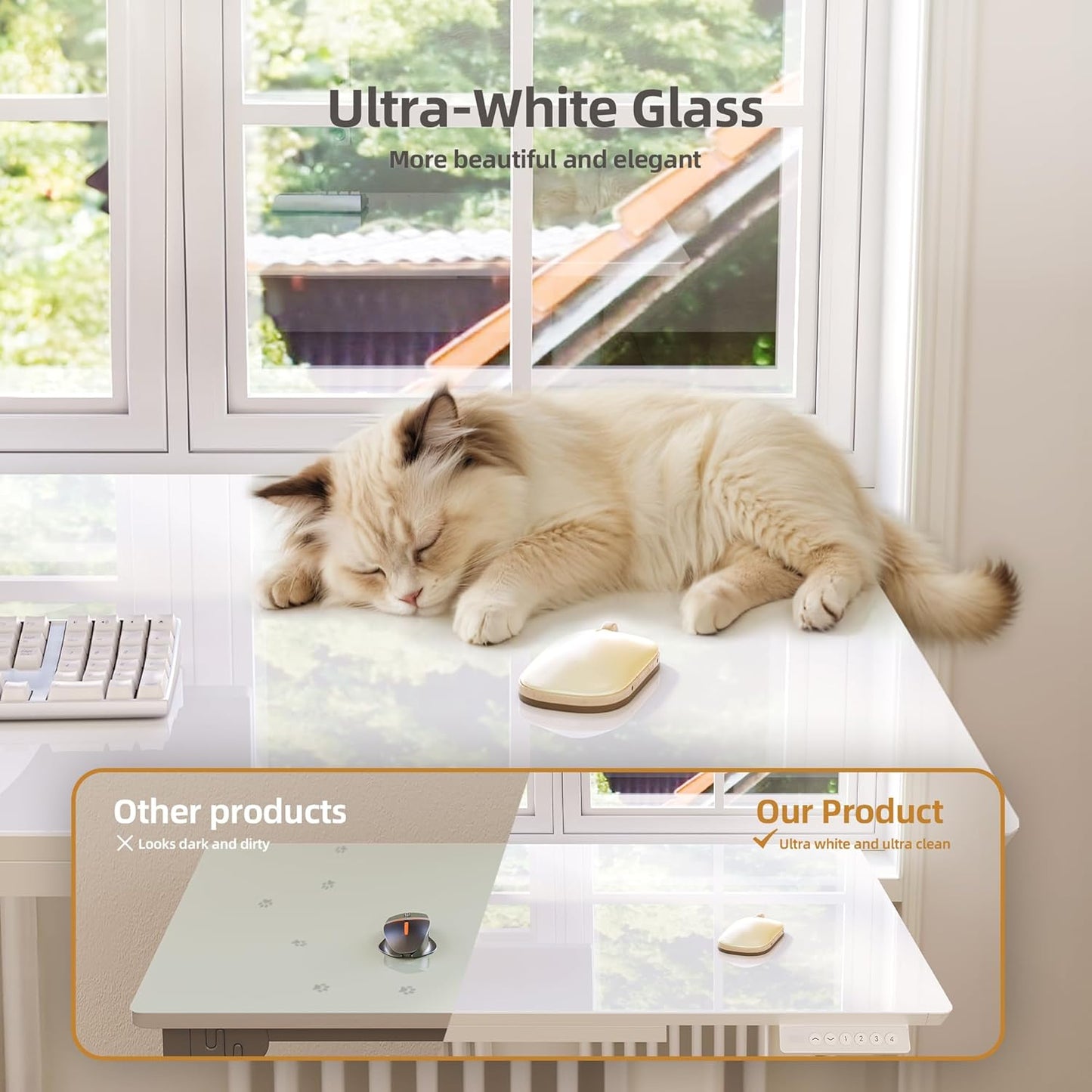 INNOVAR Glass Standing Desk with Drawers, 40×24 Inch Adjustable Stand Up Desk Quick Install Home Office Computer Desk, Super White