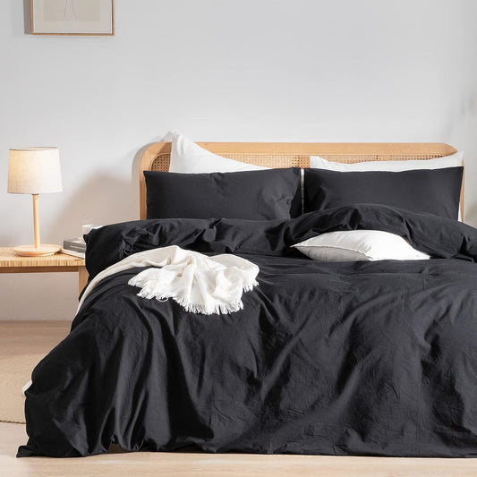 BESTOUCH Duvet Cover Set 100% Washed Cotton Linen Feel Super Soft Comfortable Chic Lightweight 3 PCs Home Bedding Set Solid Deep Black Oversized King