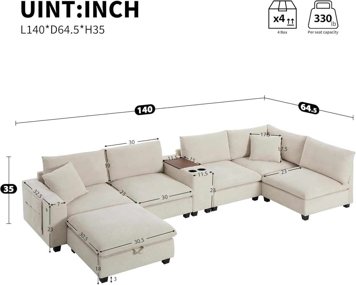 Merax 140'' Oversized Modular Sectional Sofa with Storage Ottoman and Console, Removable Storage Pockets, Cup Holder, Wide Seat, USB Charger, 6 Seat U Shaped Chenille Couch Set for Living Room, Beige